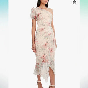 BCBGMAXAZRIA One Sleeve Asymmetrical Ruffle Hem Pink Midi Evening Dress, Size XS